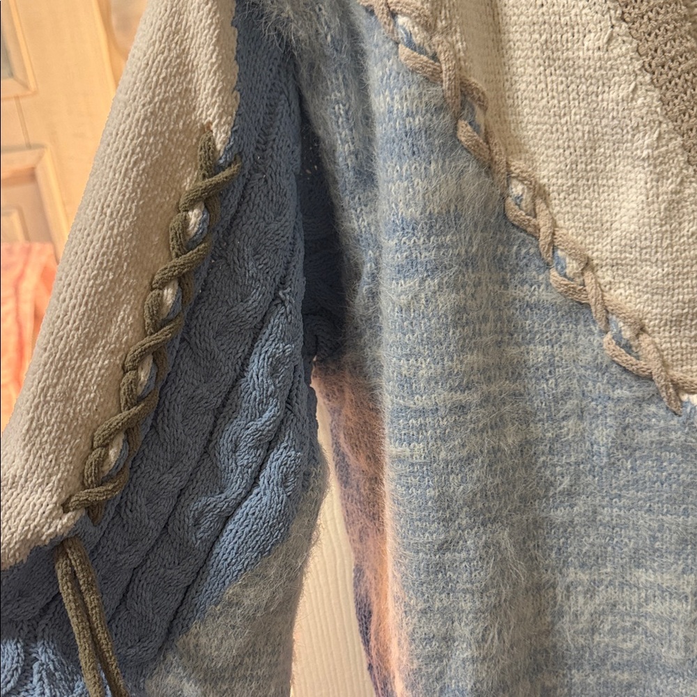 POL Patchwork Cable-Trim Cardigan - Blue, Cream &… - image 2